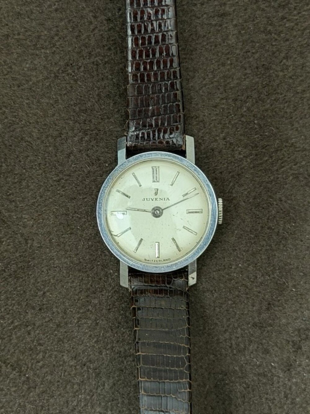 Juvenia Swiss Made Manual Wind Mechanical Analog Watch Silver Dial Brown Leather